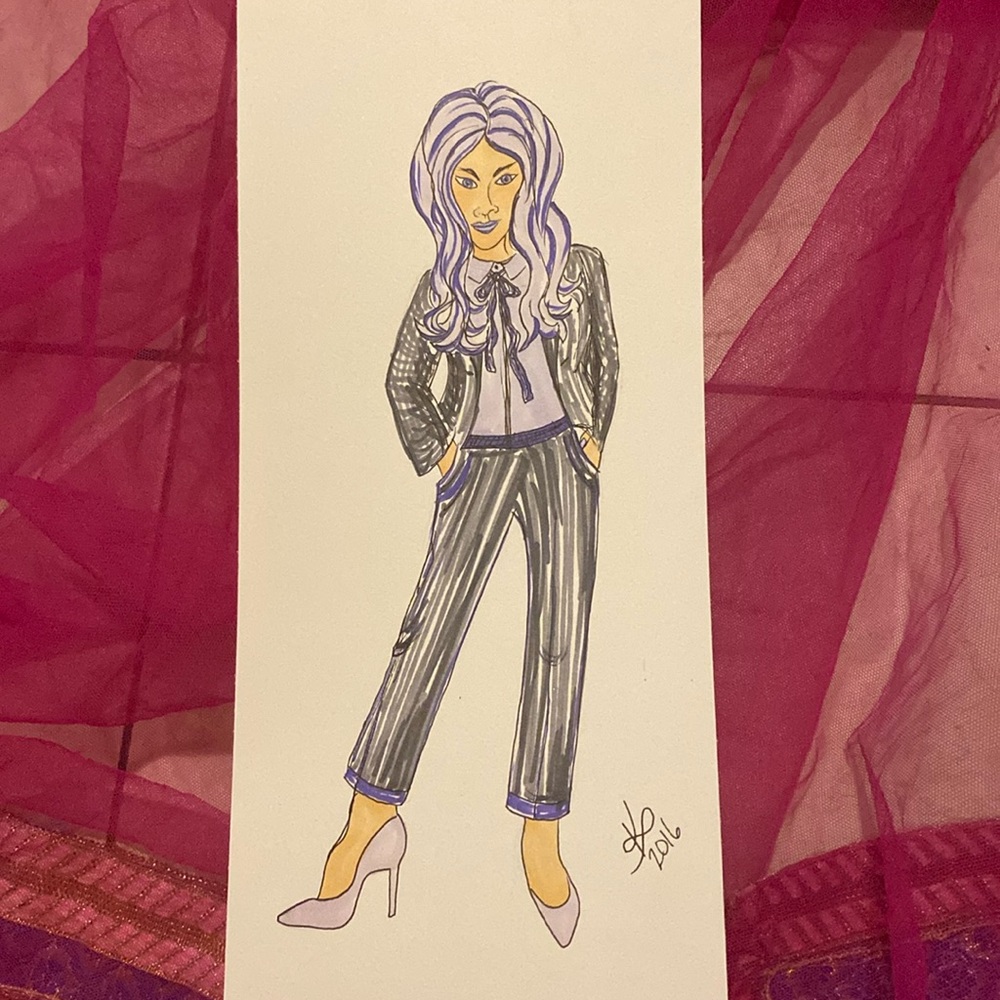 Unframed Original Art Fashion Drawing Female Firn in heels & Dress Suit